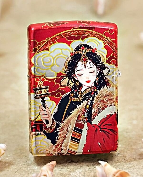 Red decorative tin featuring a traditional Chinese-ruled woman in ornate attire, standing with a staff, on a sandy surface with shells nearby.