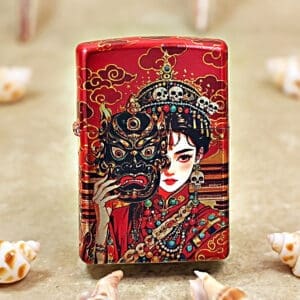 Red decorative box featuring an ornate illustration of a traditional Chinese woman in jewelry and a demon mask she is holding.