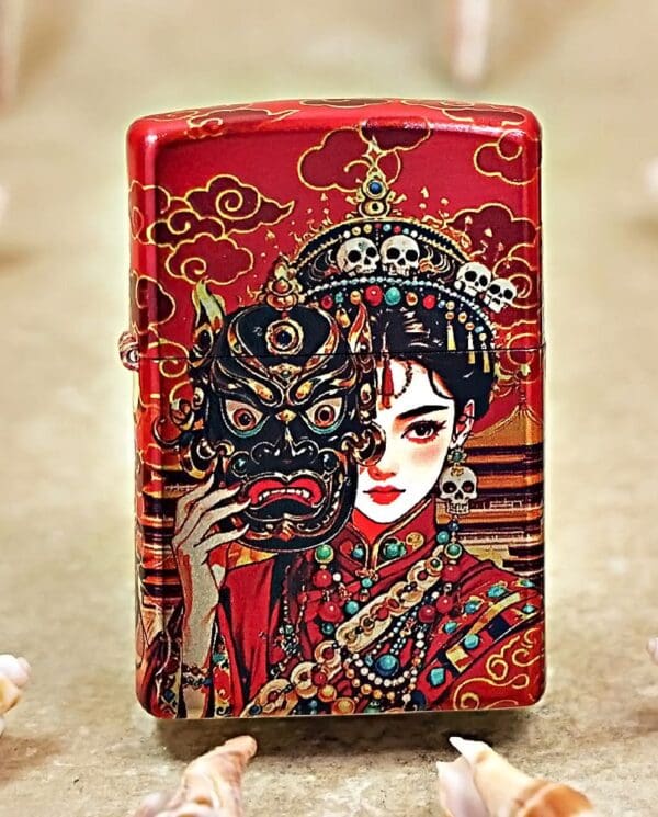 Red decorative box featuring an ornate illustration of a traditional Chinese woman in jewelry and a demon mask she is holding.