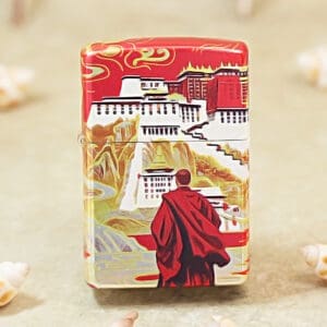 Decorative red-and-white box featuring a monk in a red robe overlooking a stylized temple scene.
