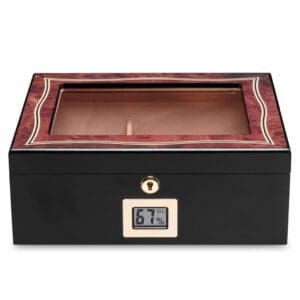 Cigar humidor with glass lid, wood trim, and a digital humidity display reading 67%.