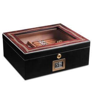 Cigar humidor with a glass lid, wood finish, and cigars inside, displaying a digital humidity gauge on the front.