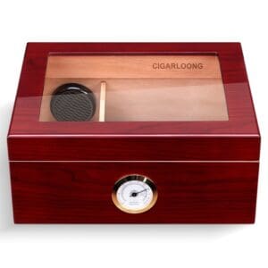 Wooden cigar humidor with a glass lid and a round hygrometer on the front panel.