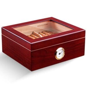 Wooden cigar humidor with glass lid, showing cigars inside and a brass hygrometer on the front.